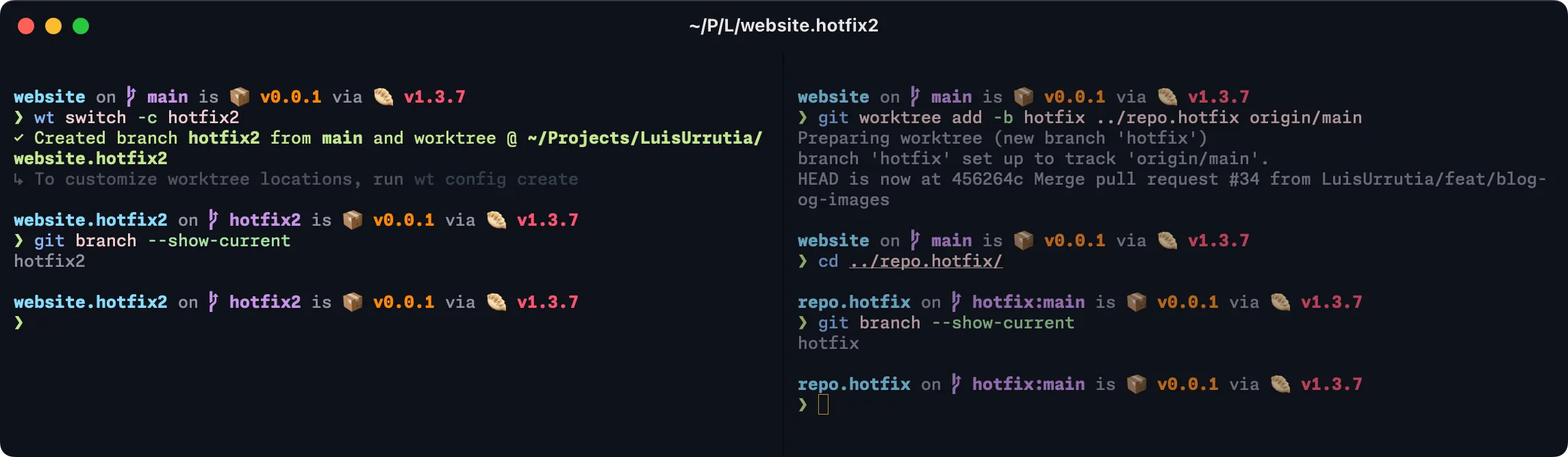 Side-by-side comparison of git worktree commands versus Worktrunk equivalents